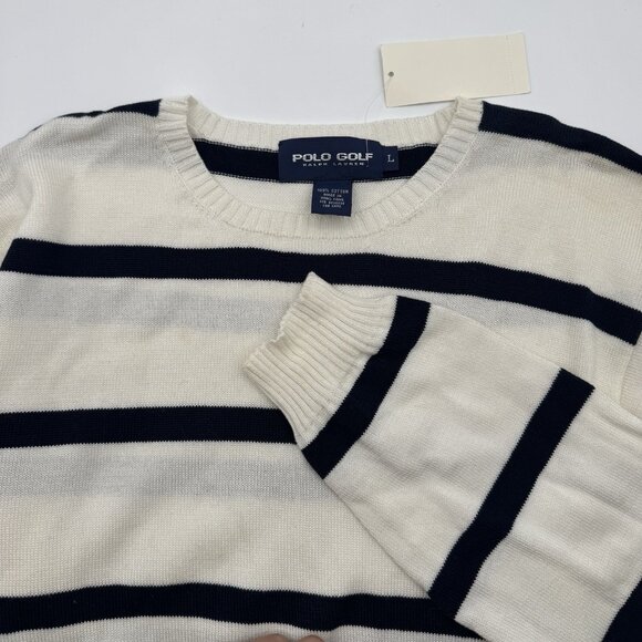 VINTAGE NWT Ralph Lauren Polo Golf Cotton Sweater Large Striped Crewneck Navy - Picture 1 of 10